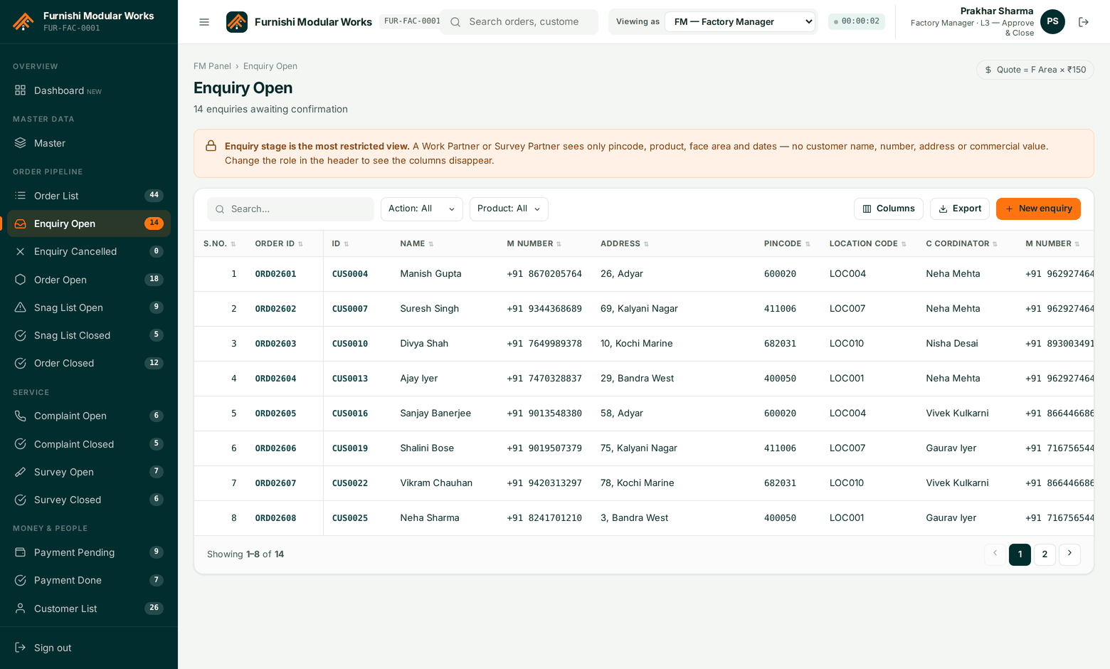 Factory Manager view: customer name, number, address, coordinator, area — the full record.